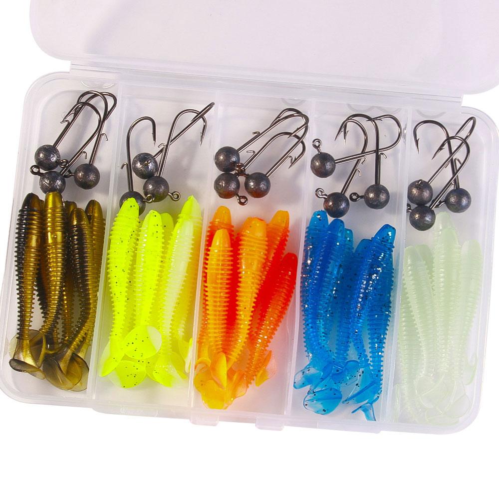 Soft Fishing Lures Kit Silicone Lure Set Artificial Bait Worm with Crank Jig Head Hook HOOK 45pcs/34pcs/65pcs