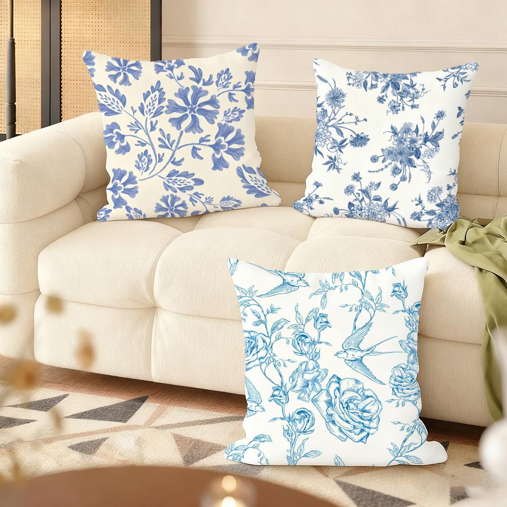 Blue Retro Flower Cushion Cover Soft Short Plush Pillow Cover Smooth Cozy Texture Aesthetic Cushion Case Home Decor