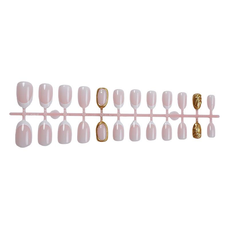 

Elegant French White False Nails with 3D Gold Stripe - Removable and Reusable Manicure Set