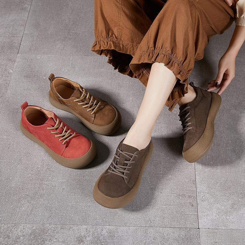 Top-grain Cowhide Women's Shoes Thick-soled Soft Leather Soft-soled Casual Shoes Flat-bottomed Big-headed Ugly and Cute Shoes