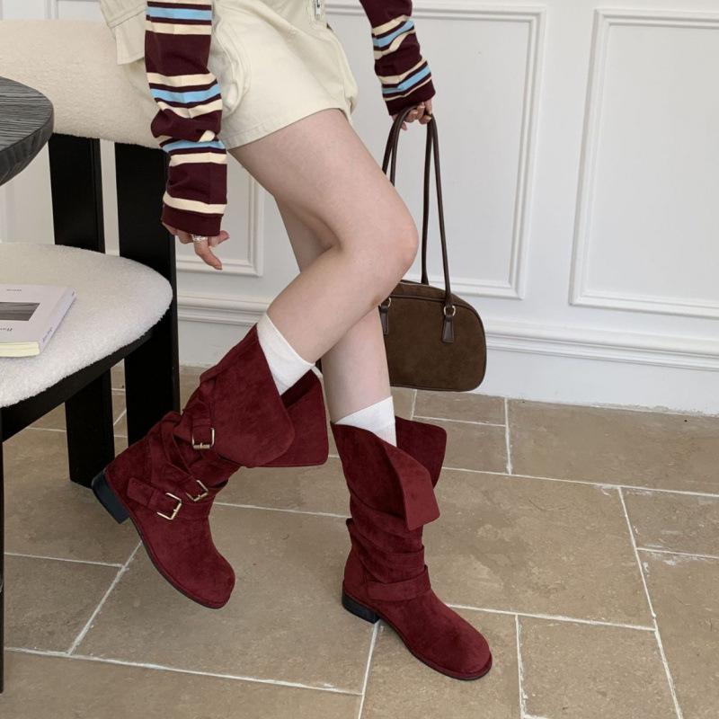 

2025 new autumn belt buckle stacking boots thick heel retro old medium boots Korean version boots niche tooling boots women 39 красный