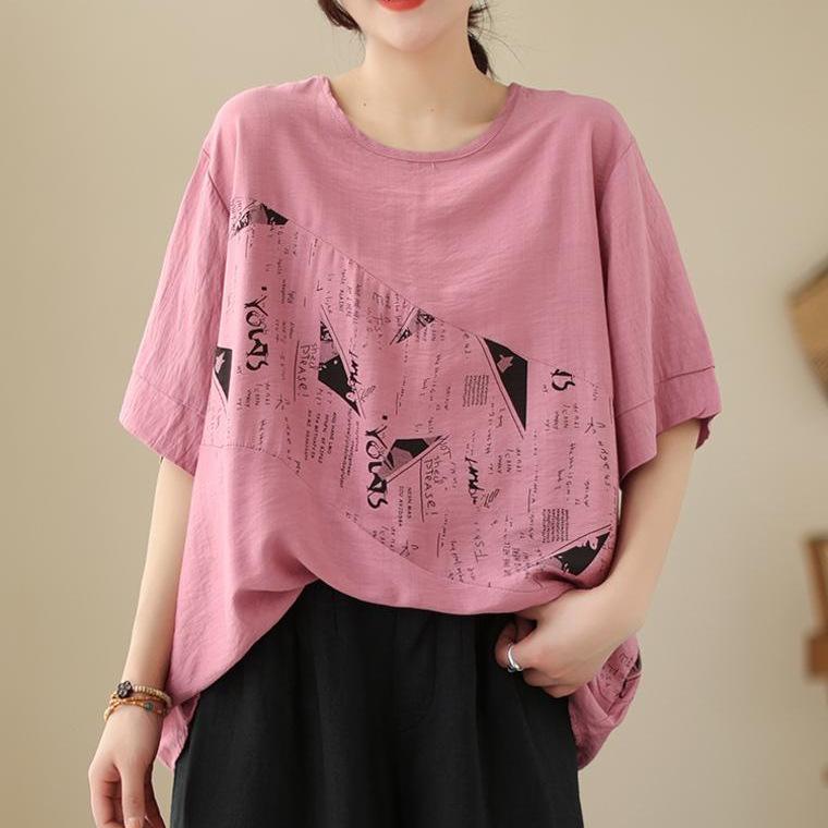 

Новая летняя стильная литературная свободная футболка большого размера с круглым вырезом из хлопка и льна с короткими рукавами для женщин, универсальные повседневные топы 4XL