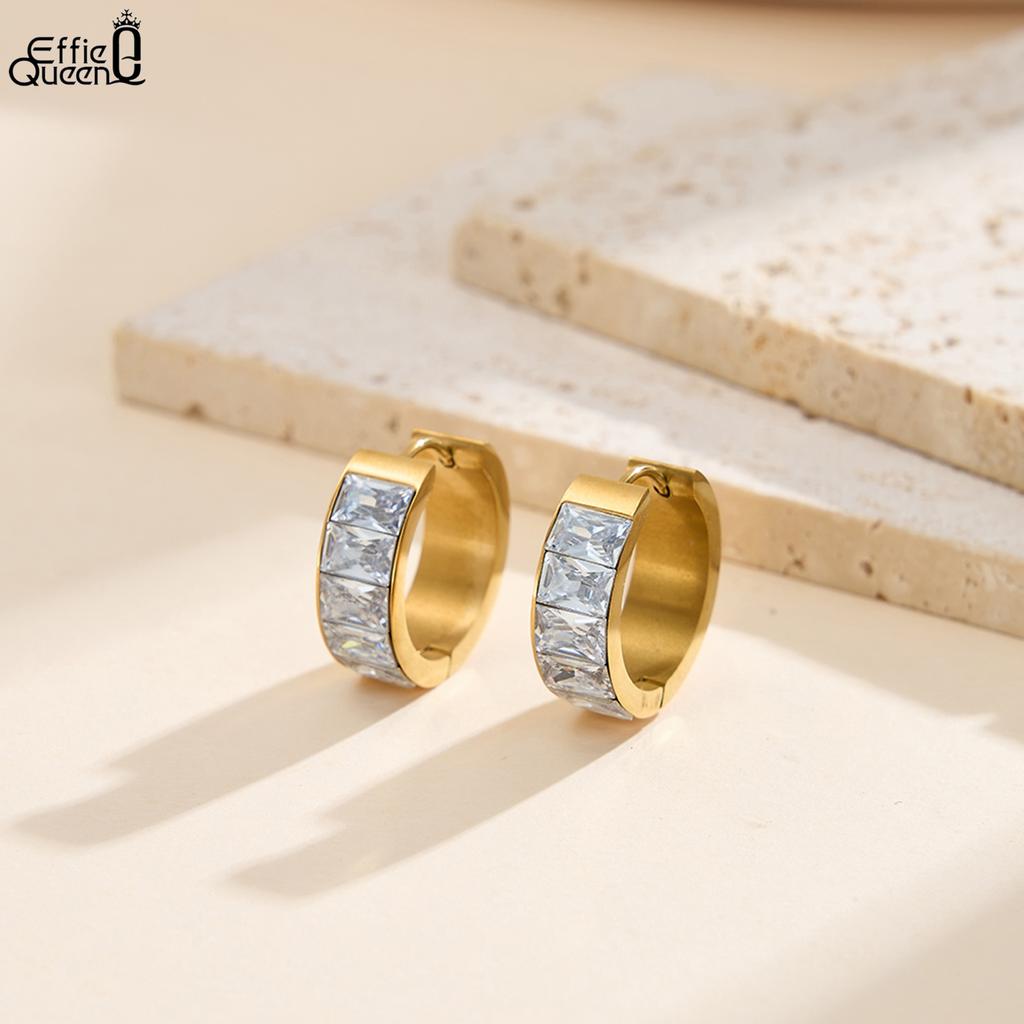Effie Queen Stainless Steel 18k Gold Square Cut Zirconia Hoop Earrings Ideal Jewelry for Women Wedding Party Banquet Gift STKE19
