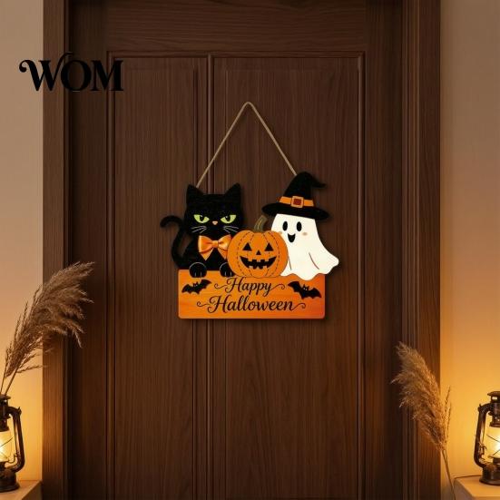 Halloween Wooden Door Sign with Hemp Rope Lanyard, Pumpkin Ghost Printed Hanging Cute Front Plaque Plaque, Wall Art for Porch Party Solid Wood Festive