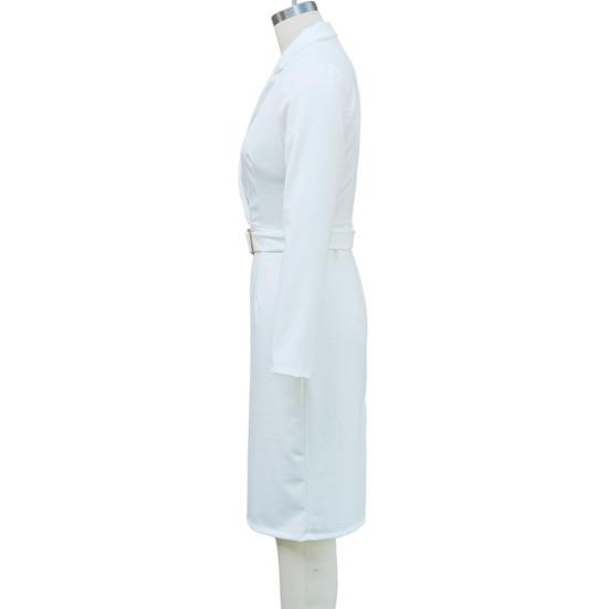 Women's Work Dress Long Sleeve Deep V Neck Bodycon Sheath Suit Dress Church Teacher Business Office Outfit with Square Buckle