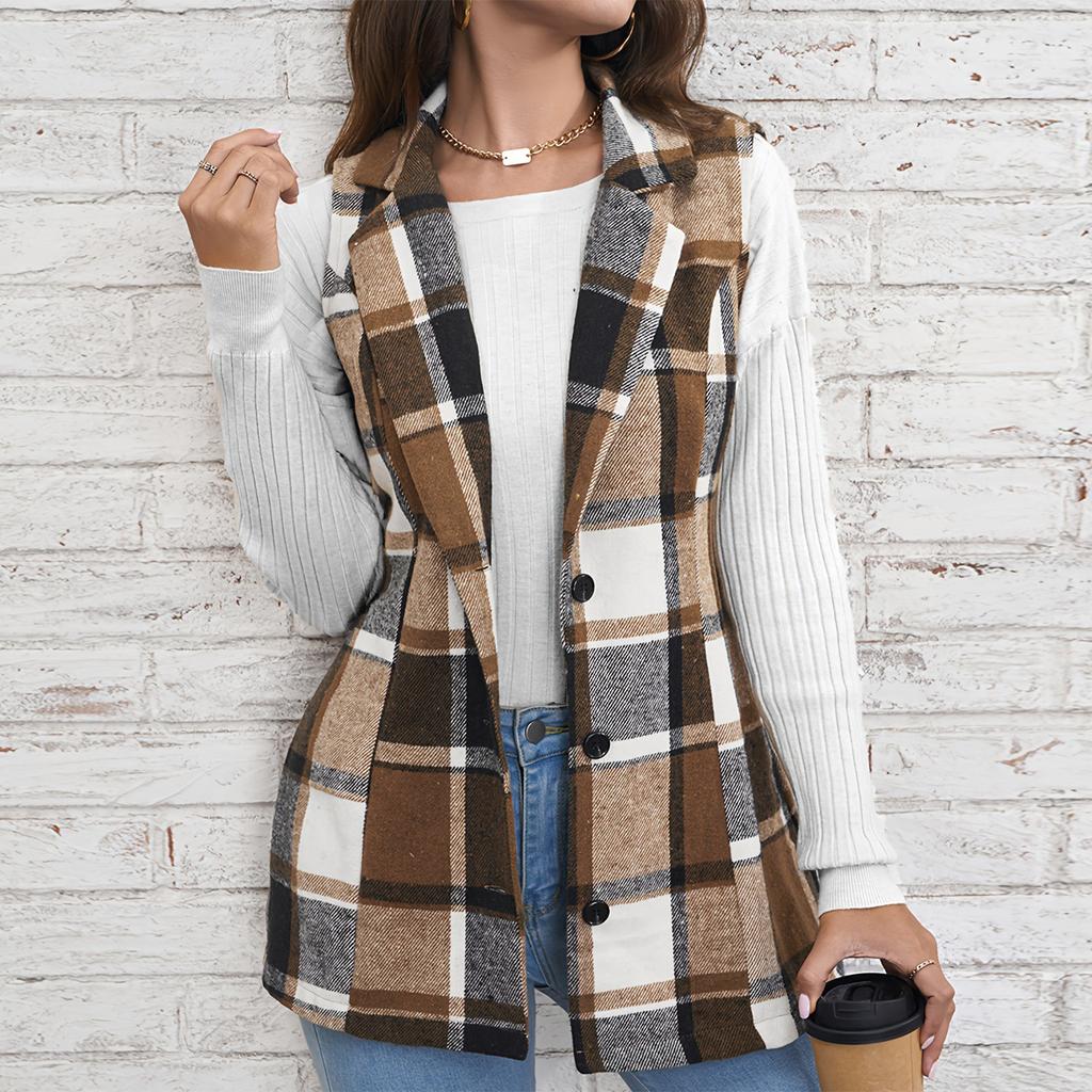 Ladies' Plaid Fashion Women's Clothing Lapel Suit Vest Plaid Top Jacket