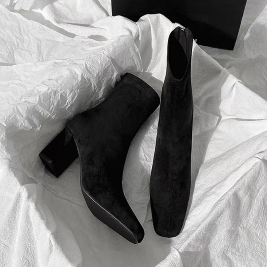 2025 autumn and winter high-heeled women's shoes pointed thick-heeled short boots thin velvet elastic thin socks boots Martin boots