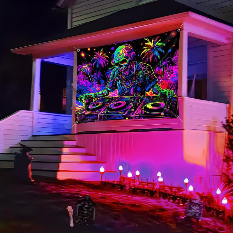 Glow in The Dark Skull DJ Tapestry, Blacklight Party Wall Art with Neon Palm Trees for Bedroom & Club
