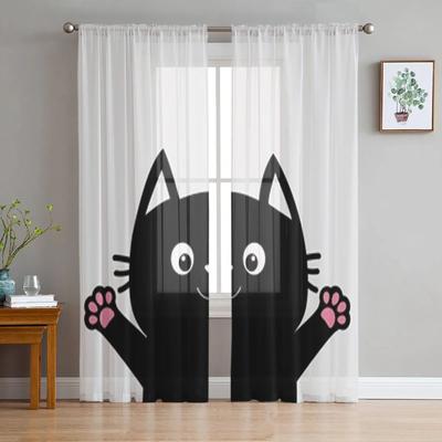 Black Cat Chiffon Sheer Curtains For Living Room Bedroom Decoration Window Tulle Curtains Drapes