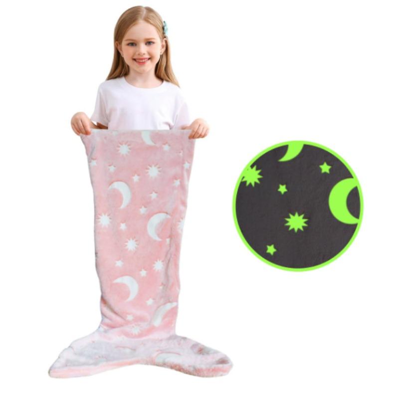 Cartoon Rainbow  Mermaid Tail Blanket Super Soft Glow In The Dark Flannel Mermaid Tail Blanket Girls Sleeping Bag