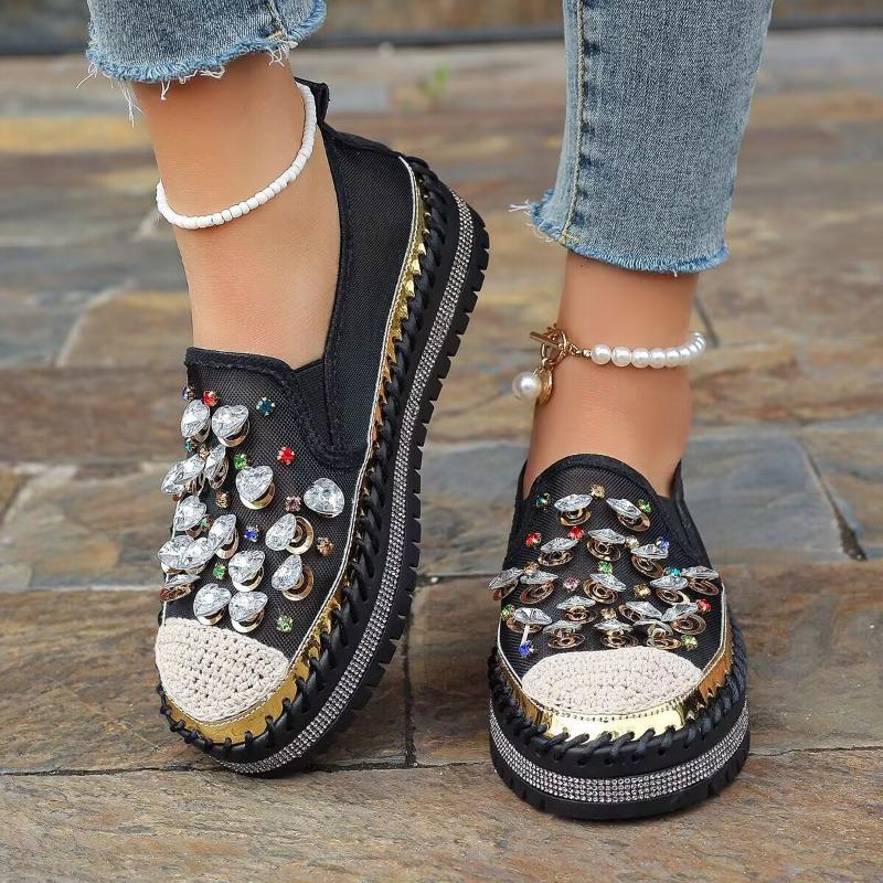 New Student Casual Board Shoes One Pedal Four Seasons Color Rhinestone Muffin Thick-soled Loafer Flat-soled Single Shoes Women