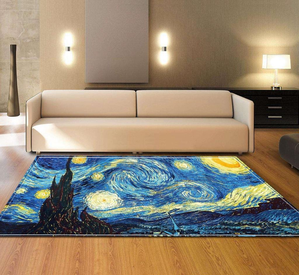 Living Room Oil Painting Carpet Van Gogh Starry Night Rug Living Room Bedroom Warm Anti Slip Foot Mat Home Decoration