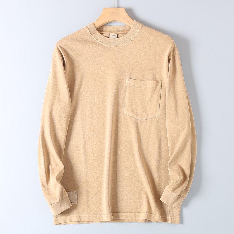 Heavyweight Cotton Washed Pocket Long-Sleeve T-Shirt for Men, Spring and Autumn, Loose Casual Solid Color Base Shirt, Crew Neck Pullover Sweatshirt
