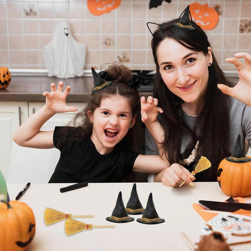 12PCS/Set Mini Witch Hat Crafts Halloween Small Broom Children Miniature Brooms Halloween Decoration for Home Party Wedding