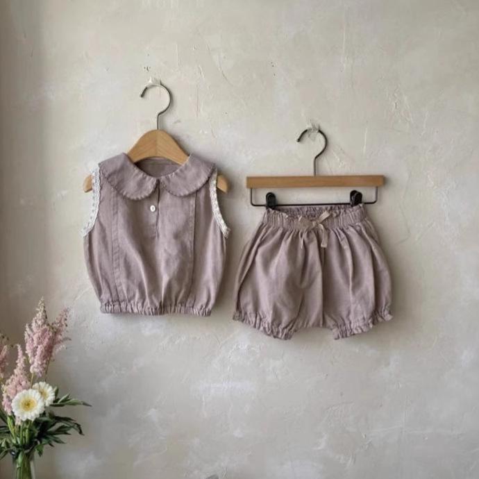 Girls  Summer Lace Lapel Top + Bloom Lantern Shorts Set, Pure Cotton 73 cm