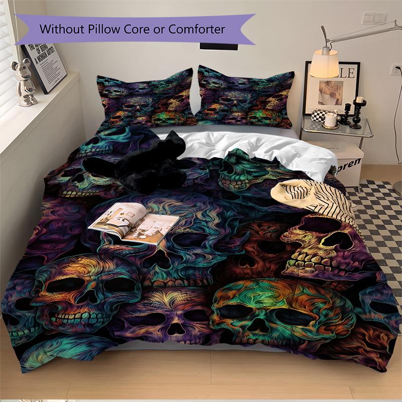 3pcs Skull Festival Bedding Set, Includes 1 Comforter + 2 Pillowcases, Without Pillow Inserts, Soft Comfortable, Lightweight Breathable096