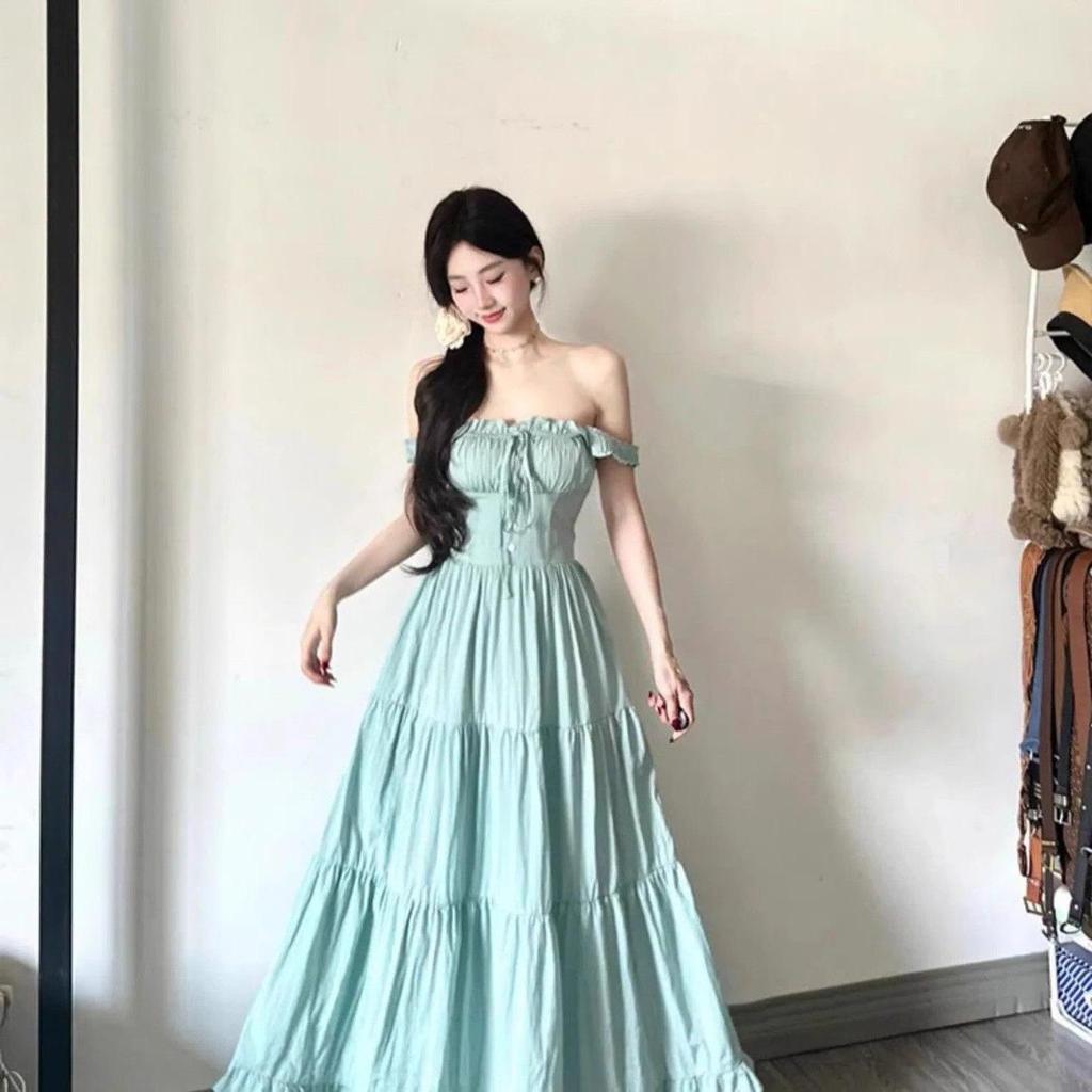 Women's Mint Green Strappy Dress: 2026 French Style, Waist-Cinching A-line Long Summer Skirt