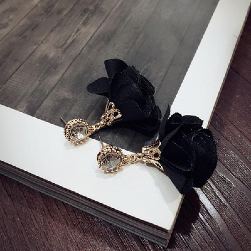 New Fabric Flower Dangle Earrings for Women Crystal Top Luxury Wedding Ear Floral Pendants Hanging Earring