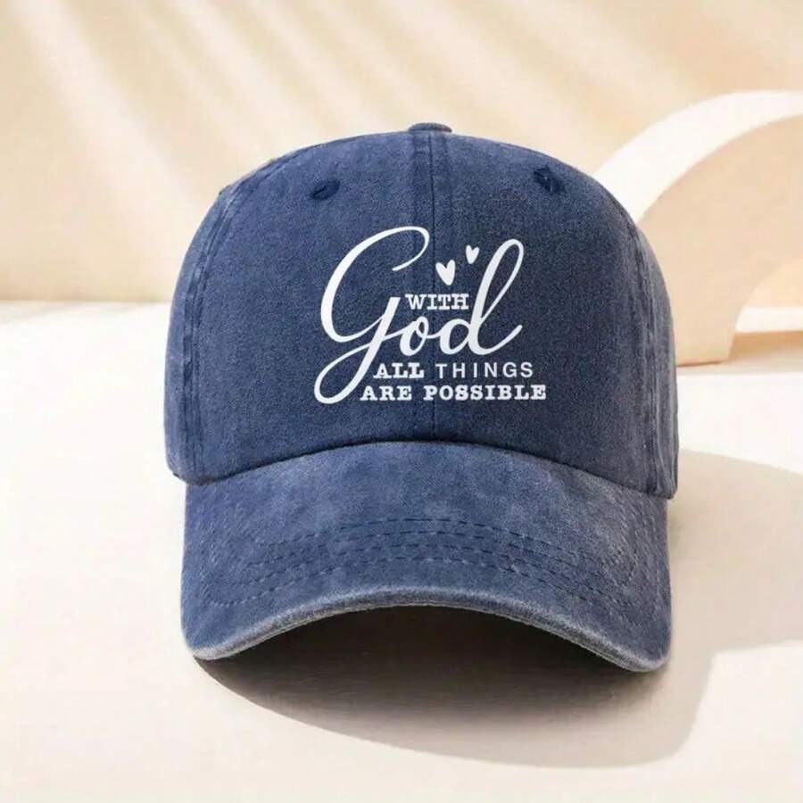 Unisex Adjustable Baseball Cap With With God All Things Are Possible Print - Vintage Washed Cotton Hat For Casual Outdoor Wear