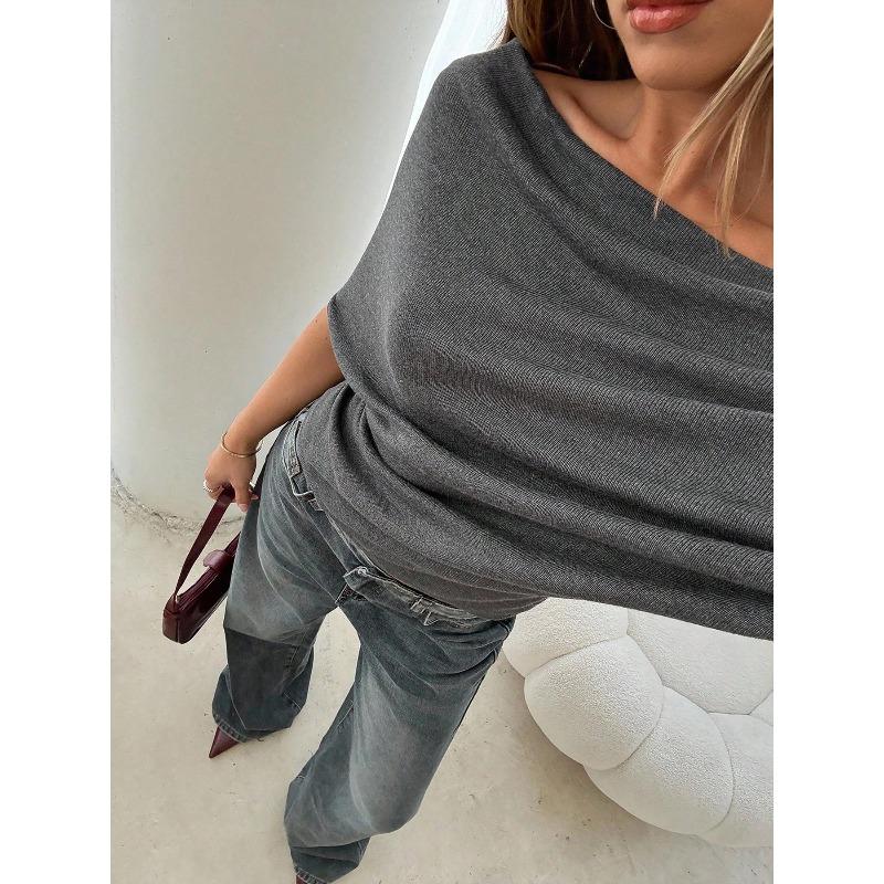 Summer 2026 Women's One-Shoulder Sexy Slim-Fit Batwing Sleeve T-Shirt