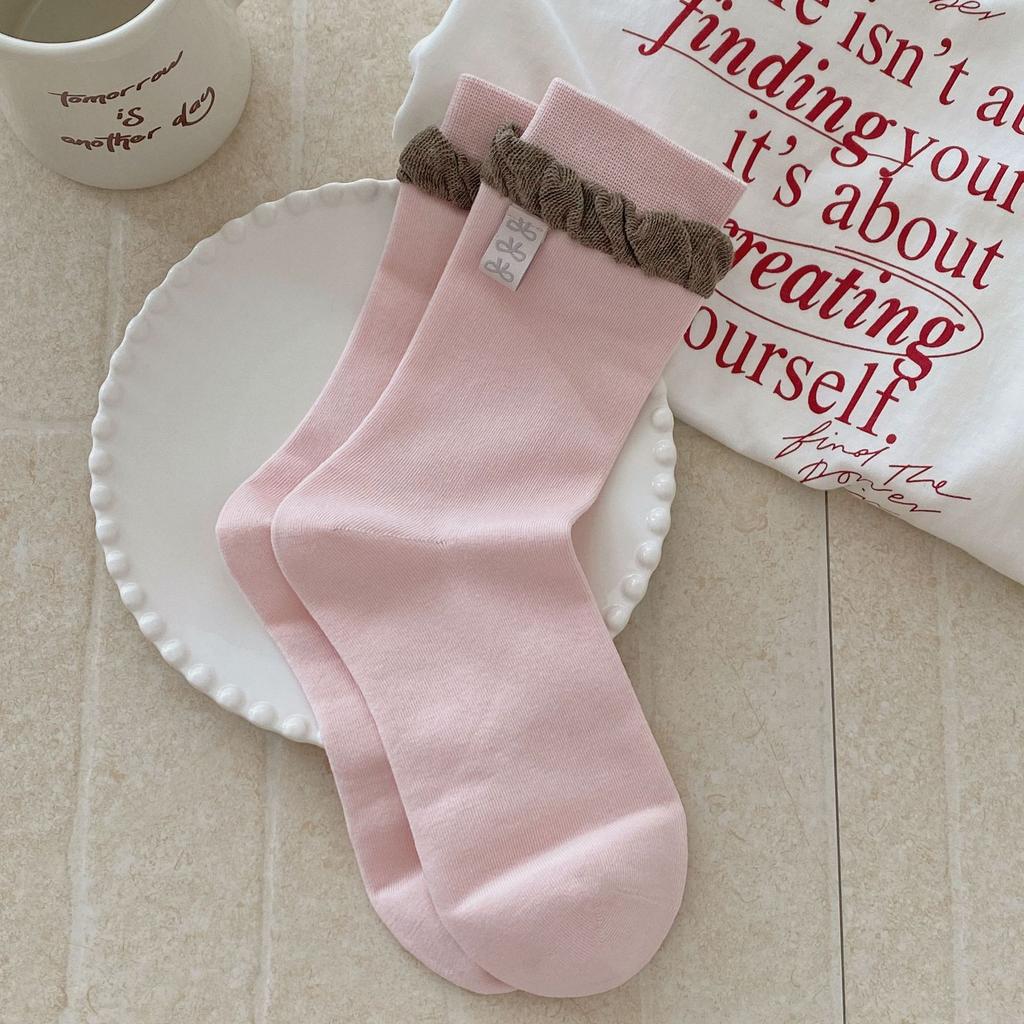 Lady Spring and Autumn Cloth Label Bow Small Broken Flower Bubble Mouth Boneless Tube Pile Socks