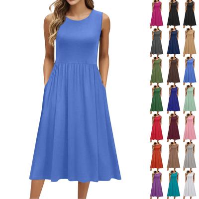Women's Fashionable Solid Color Round Neck Sleeveless Casual Pullover Pocket Mid Length Dress