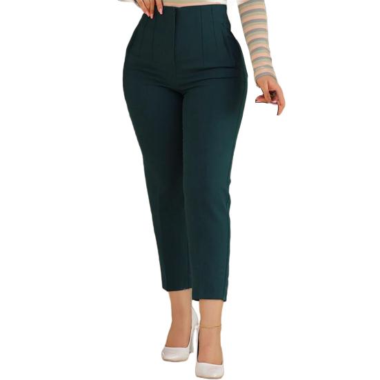 Women Pencil Pants Solid Color High Waist Straight Leg Fit Long Trousers