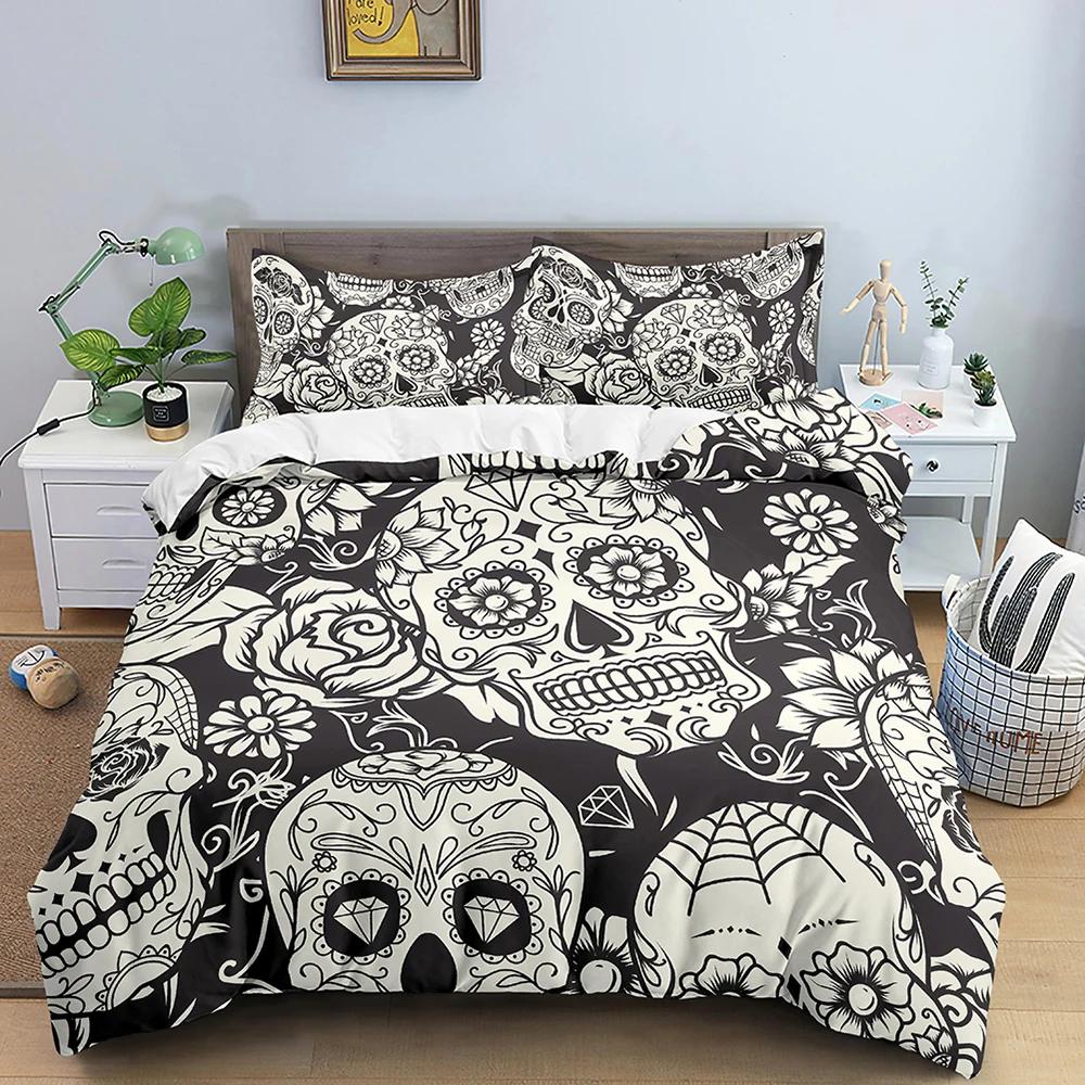 3D Skull Bedding Set King Queen Size Funny Skeleton Smoking Pattern Duvet Cover With Pillowcase Halloween Black Comforter Cover