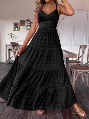 Vestido Maxi de Mujer con Capas y Cuello en V con Tirantes Finos para Vacaciones de Verano