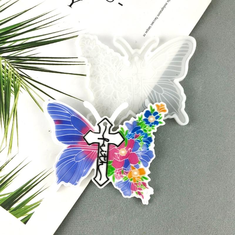 Shiny Keychain Resin Mold Crucifix-Butterfly Silicone Casting Molds for DIY Keychain Pendant Decoration Homemade Earring