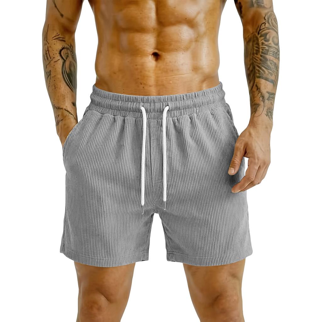 Men Corduroy Casual Shorts Elastic Waist Drawstring Loose Fit Outdoor Sports Beach Shorts with Pockets for Summer