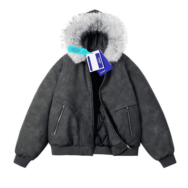 Wassup Large Fur Collar Pu Leather Cotton Jacket for Men and Women, Winter Faux Mink Velvet Thickened Warm Workwear Cotton Coat