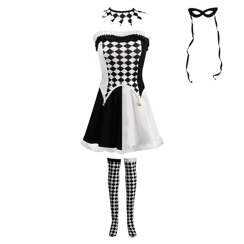 Cross-Dressing Queen Vampire Clown Cosplay Costume Halloween Demon Outfit Black and White Plaid Clown Cosplay Costume