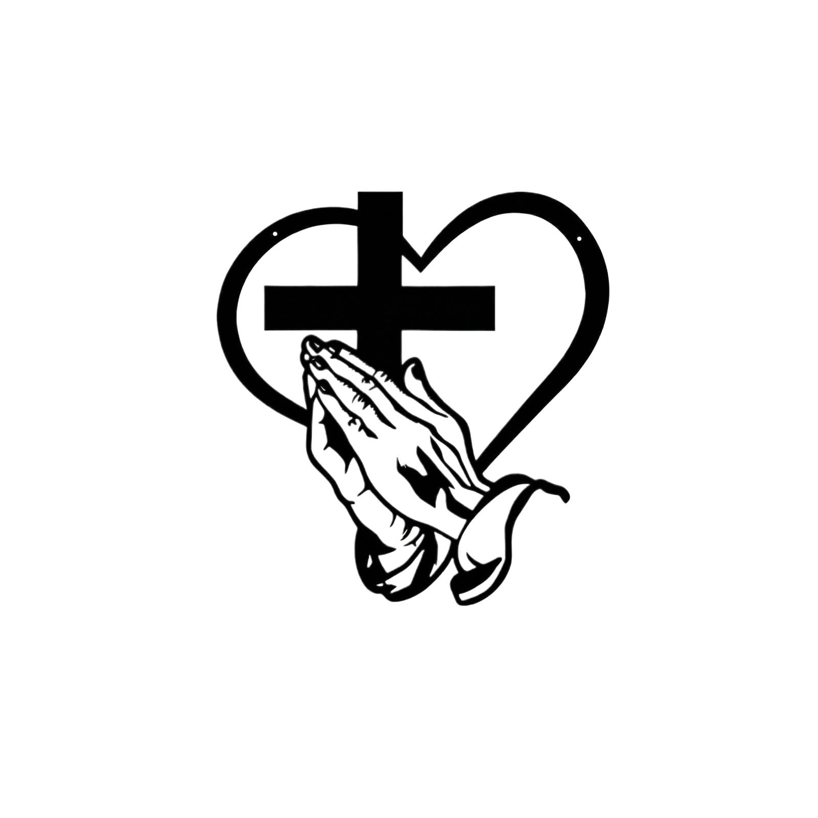 

Metal Wall Art Religious Decor Praying Hands with Cross and Heart Design Iron Sculpture for Home Living Room Bedroom Wall Hanging Decoration