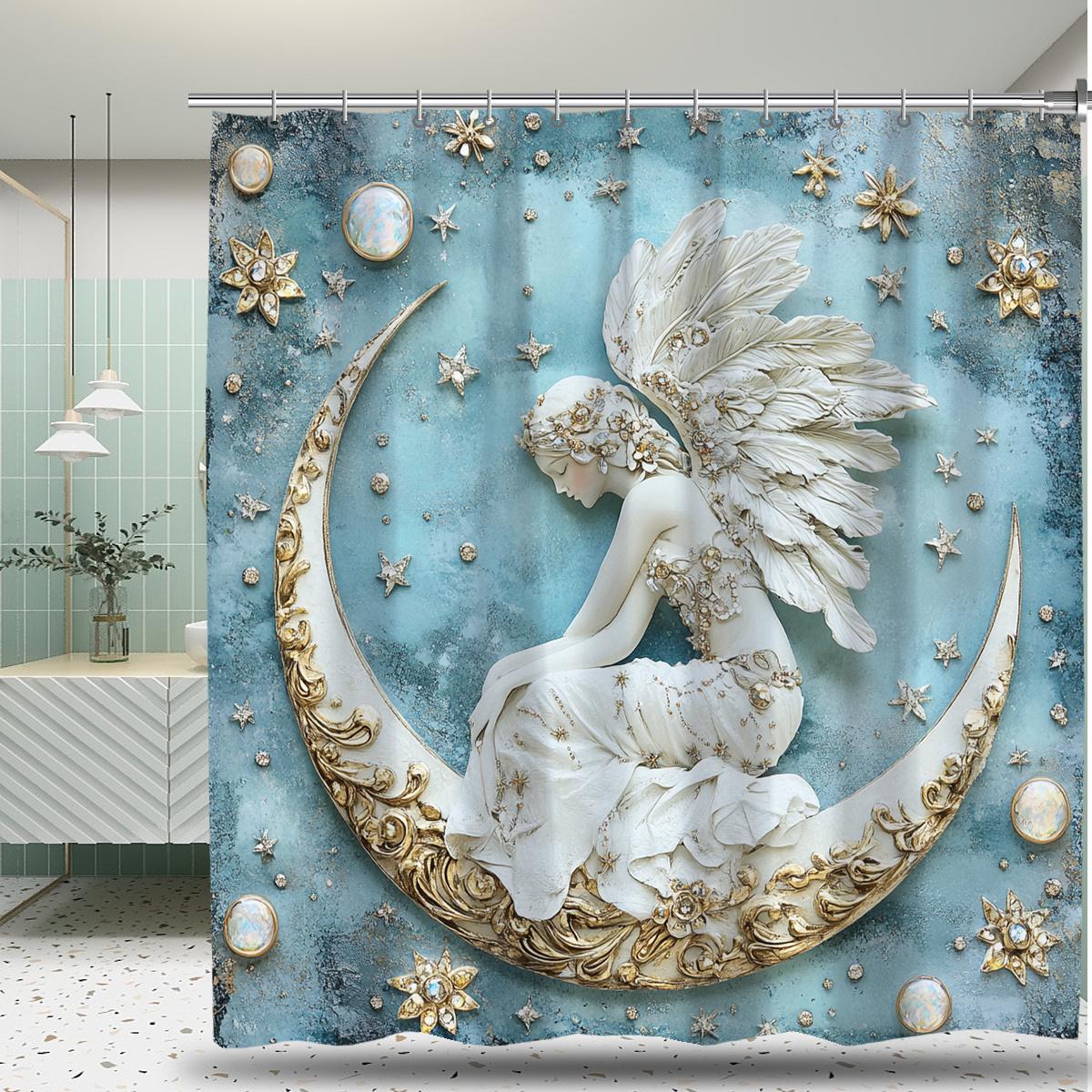 

Celestial, Chic Moon & Angel Print Shower Curtain - Home Polyester With Hooks, Machine Washable, All-Season Decor W60H190(CM)-1 Pcs