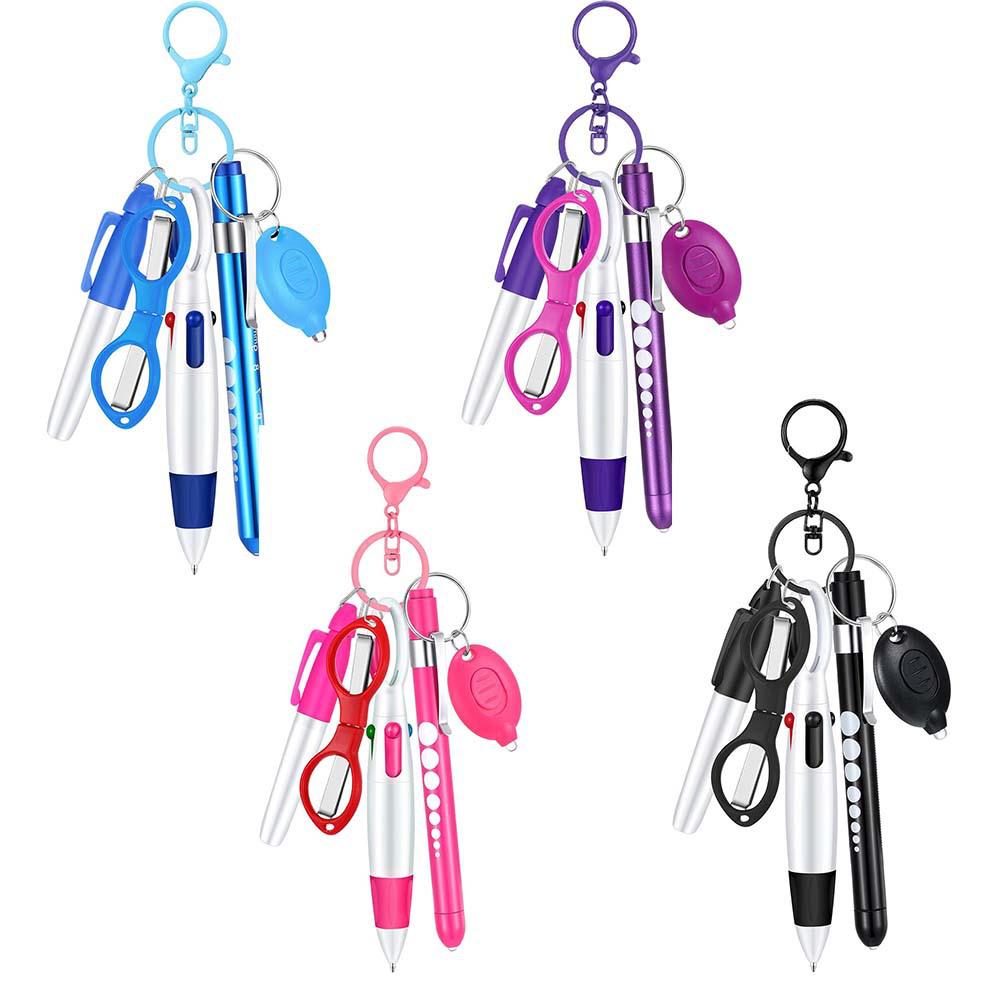 Colorful Ballpoint Pen Set: 4-Color Click Pens, Carabiner, Nurse Pen, Scissors, Penlight, Highlighter, Pocket-Sized.