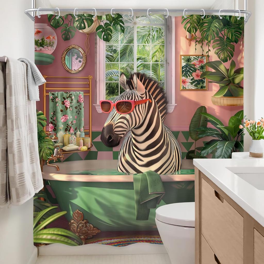 Funny Zebra Shower Curtain 60Wx72L Inch Fun Wild Animal in Bathtub Hilarious Cool Modern Tropical Green Leaves Plant Summer Bath