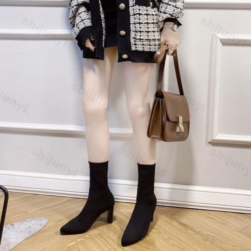 Fashion Women Ankle Boots 2025 Autumn Pointed Toe Knitting High-heel Boots Fashion Retro Square Heel Comfortable Socks Boots Botas Mujer