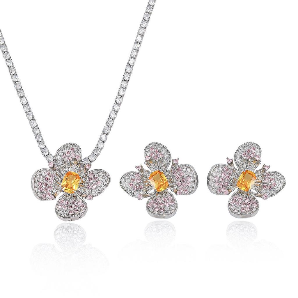 European and American Style Zircon Emerald Necklace Earrings Set with Plum Blossom Design