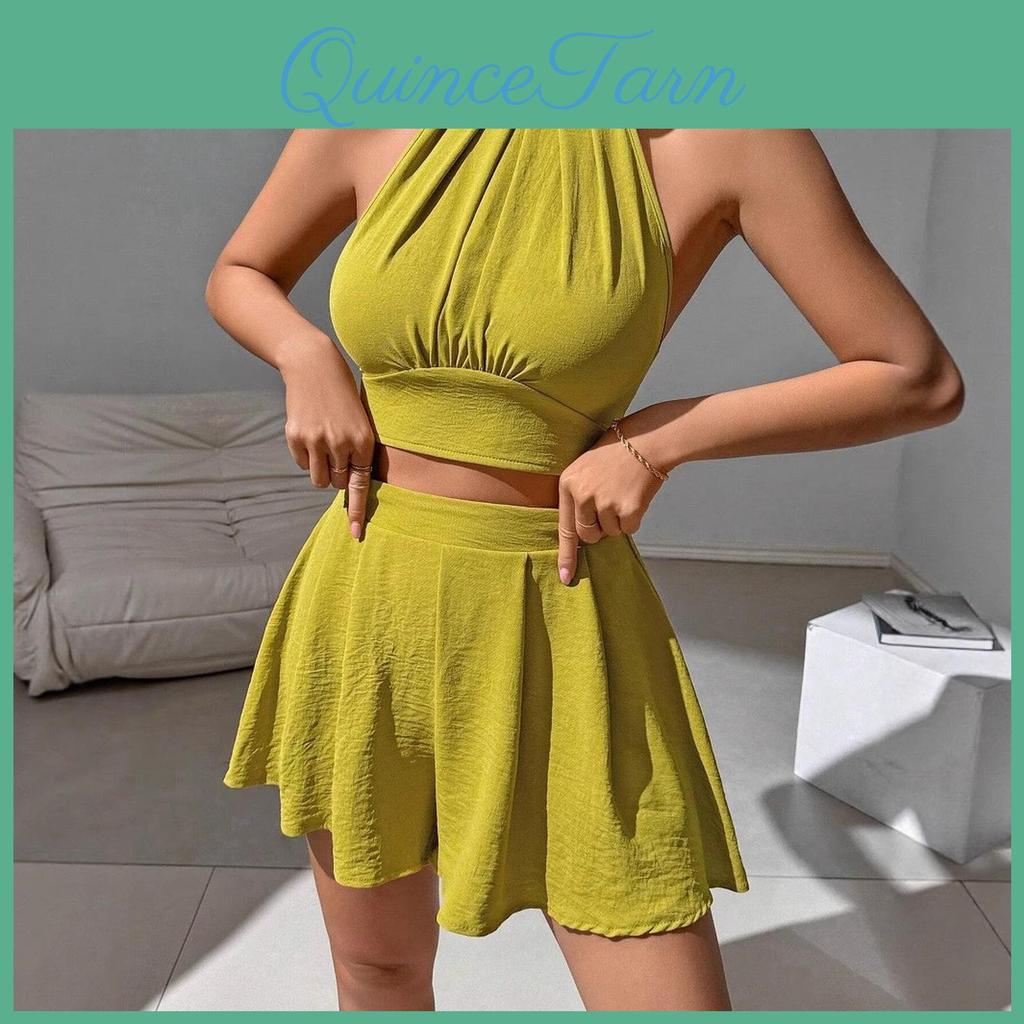 Fashionable Casual Summer Ladies And Commuting Vacation Style Solid Color Tank Top Neck Hanging Tie Shorts Set