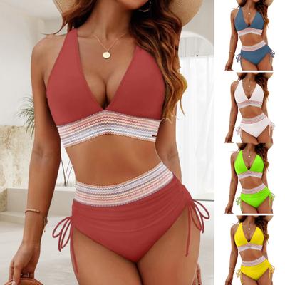 Set de bikini pentru femei, 2 bucăți/set, sutien cu decolteu în V, cu talie înaltă, slip de înot, cu bretele reglabile, costume de baie pentru plajă