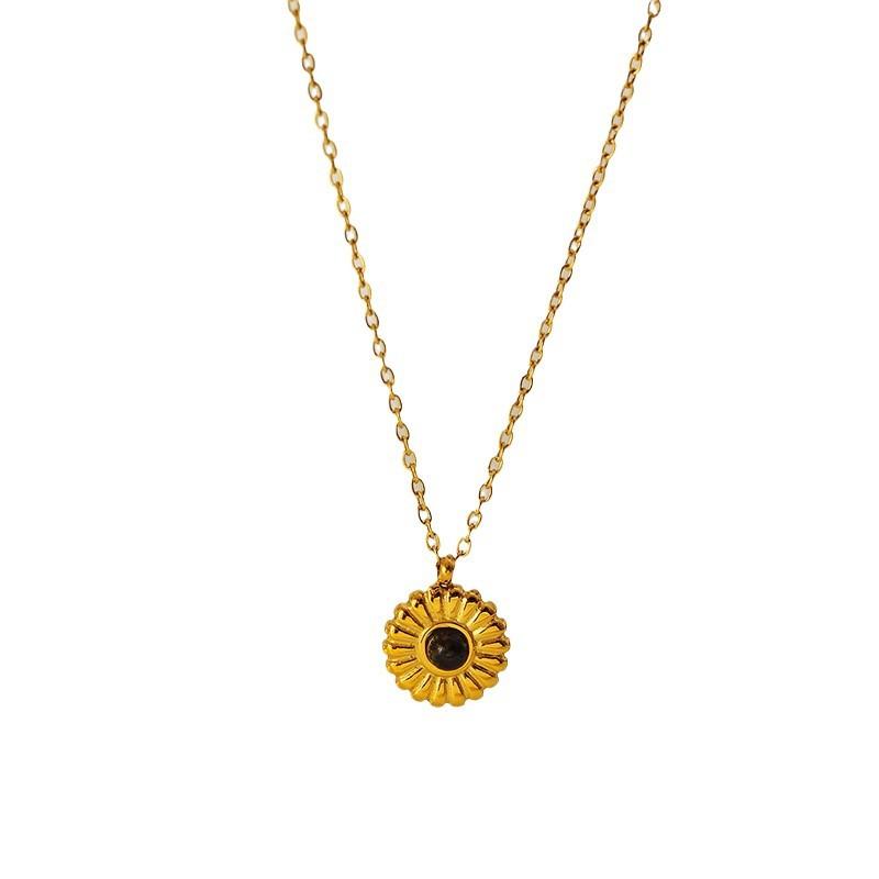 French Vintage Sunflower Natural Stone Pendant Necklace For Women Fashion Minimalist O-Link Chain Gold Collarbone Chain