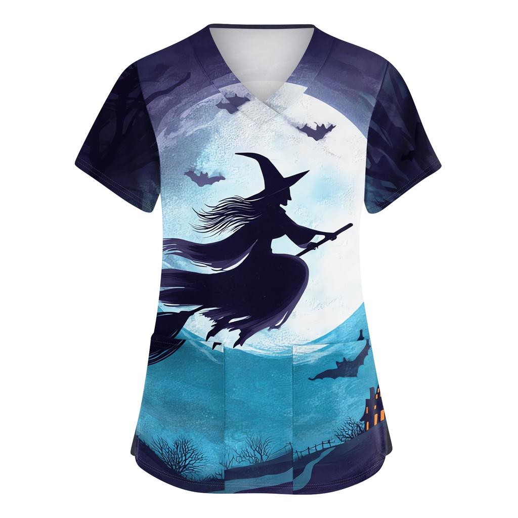 Women V Neck Short Sleeve Work Top with Side Slits and Pockets Halloween Pumpkin Print Shirt Suitable for Professional Use and Casual Wear
