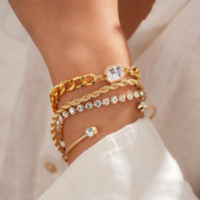 Four-piece Metallic Diamond-set Geometric Round Square Bracelet Fashion Jewelry
