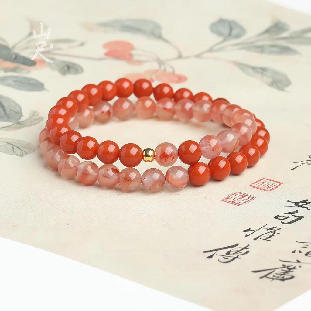 Women's Double Color Bracelet with Natural Red-Veined Agate Beads