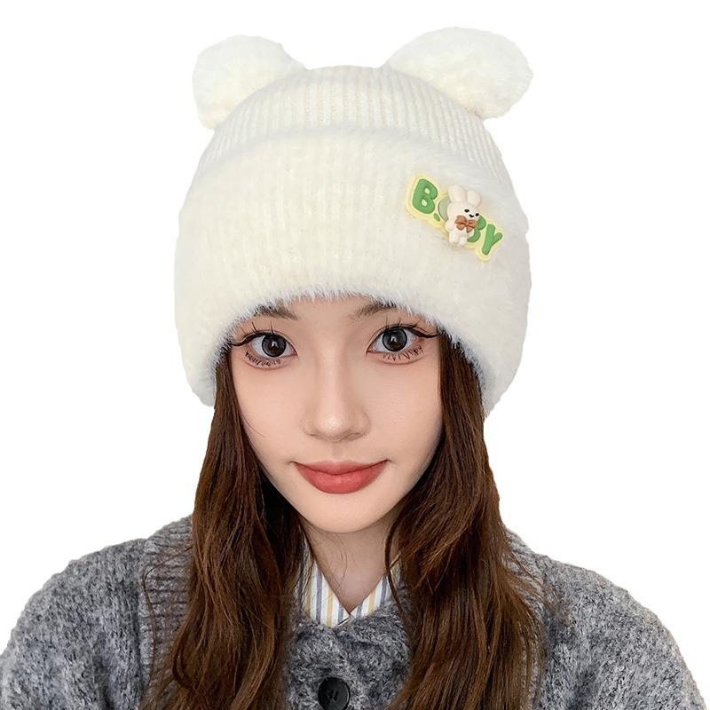 Cute plush bear hat women's autumn and winter warm versatile pullover cold hat fashionable thickened knitted ear protector wool hat