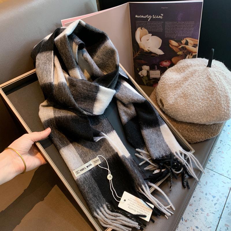 A Versatile High end Wool Knitted Woolen Scarf for Women's Winter Warmth  A Narrow and Long Color Blocked Checkered Shawl for Women