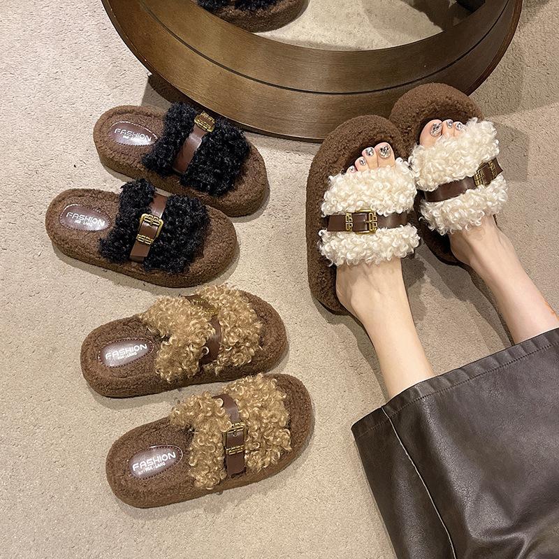 Curly Hair Thick-soled Fluffy Slippers Women's Outer Wear 2025 Autumn and Winter New Korean Version Soft-soled One-word Mop Versatile Casual Cotton Mo