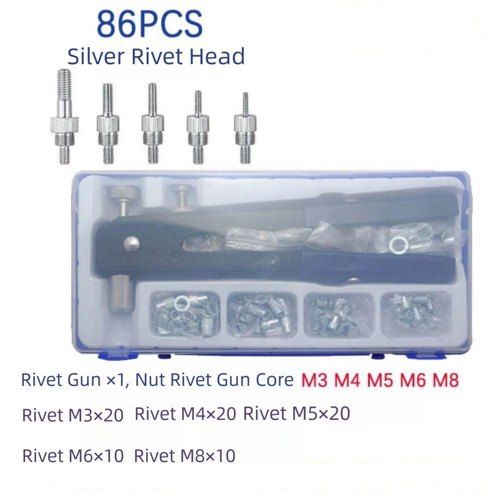 

Набор из 86 предметов Нескользящий инструмент для заклепок-гаек M3/M4/M5/M6/M8 Инструмент для заклепок с резьбовой вставкой Ремонтный инструмент серебряный