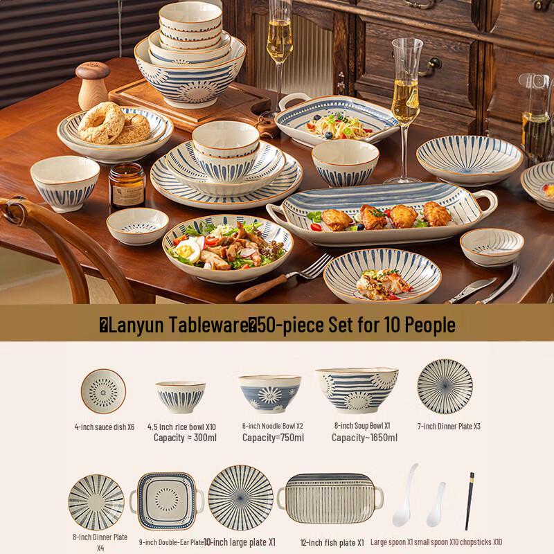 Ailan Huijia WQ Underglaze Ceramic Dinnerware Set - Yunlan 10-Person, 50-Piece